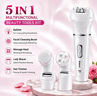 KEMEI KM-2199 5-in-1 Rechargeable Waterproof Beauty Epilator & Hair Removal Kit for Women thumbnail 3