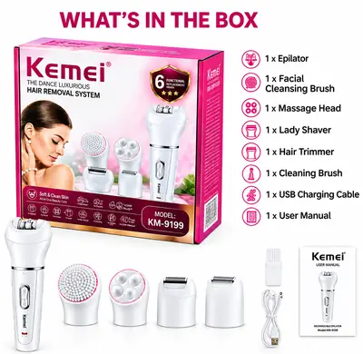 KEMEI KM-2199 5-in-1 Rechargeable Waterproof Beauty Epilator & Hair Removal Kit for Women thumbnail 7