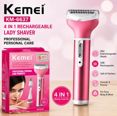 Kemei KM-6637 Rechargeable 4 in 1 Lady Shaver & Personal Grooming Kit | Eyebrow, Nose & Body Hair Trimmer | USB Rechargeable thumbnail 2