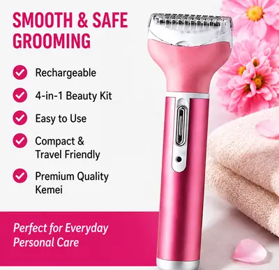 Kemei KM-6637 Rechargeable 4 in 1 Lady Shaver & Personal Grooming Kit | Eyebrow, Nose & Body Hair Trimmer | USB Rechargeable thumbnail 3