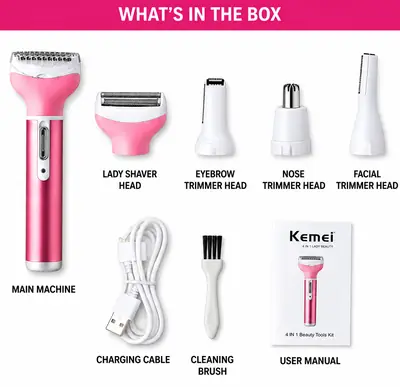 Kemei KM-6637 Rechargeable 4 in 1 Lady Shaver & Personal Grooming Kit | Eyebrow, Nose & Body Hair Trimmer | USB Rechargeable thumbnail 6