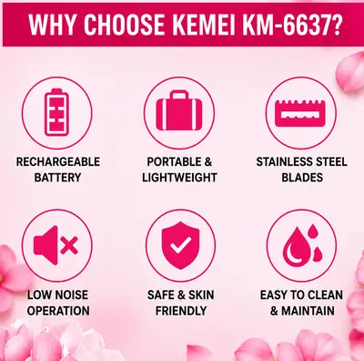Kemei KM-6637 Rechargeable 4 in 1 Lady Shaver & Personal Grooming Kit | Eyebrow, Nose & Body Hair Trimmer | USB Rechargeable thumbnail 7