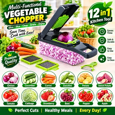 12-in-1 Multi-Functional Vegetable Chopper | Manual Food Slicer & Dicer | Onion, Potato, Carrot, Cucumber & Vegetable Cutter | Multipurpose Kitchen Cutting Tool