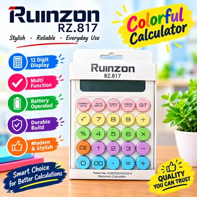 Ruinzon RZ.817 Large Display Electronic Calculator – Colorful Keys, Easy Check & Auto Replay Function, Portable Calculator for School, Office, Home & Business
