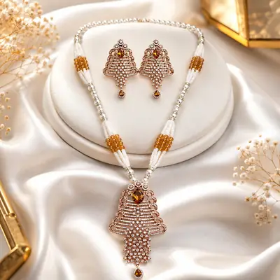 Elegant Pearl & Crystal Pendant Necklace Set with Matching Earrings – Premium Fashion Jewellery