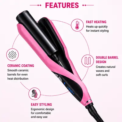RIWA RB-8307 Double Barrel Hair Curler & Hair Waver – Ceramic Curling Iron, Fast Heating,  thumbnail 3