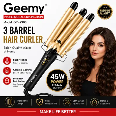Geemy GM-2988 Professional 3 Barrel Hair Curling Iron Hair Waver | Fast Heating | Ceramic Coating | Salon Styling Tool