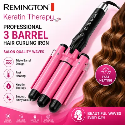 Remington Keratin Therapy Professional 3 Barrel Hair Curling Iron – Triple Barrel Hair Waver, Fast Heating, Pink