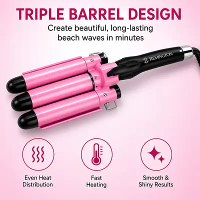 Remington Keratin Therapy Professional 3 Barrel Hair Curling Iron – Triple Barrel Hair Waver, Fast Heating, Pink thumbnail 3