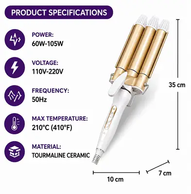 PTIKOONN Professional 3 Barrel Hair Curler Ceramic Hair Waver 60W Fast Heating Hair Styling Iron thumbnail 4