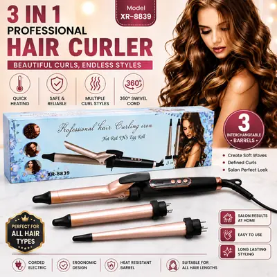 3-in-1 Professional Hair Curler XR-8839 – Interchangeable Barrels Hair Styling Wand for Beautiful Curls & Waves