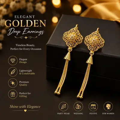 Elegant Golden Long Drop Earrings for Women – Stylish Traditional Jewelry