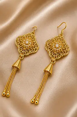 Elegant Golden Long Drop Earrings for Women – Stylish Traditional Jewelry thumbnail 3