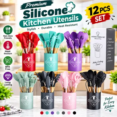 Premium 12 Pcs Silicone Kitchen Utensils Set with Wooden Handles – Heat Resistant Non-Stick Cooking Tools