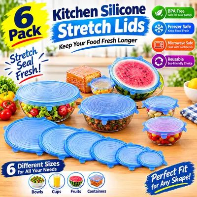 6 Pcs Kitchen Silicone Stretch Lids – Reusable Food Covers, Flexible Bowl & Container Lids, Airtight Fresh Food Storage Covers
