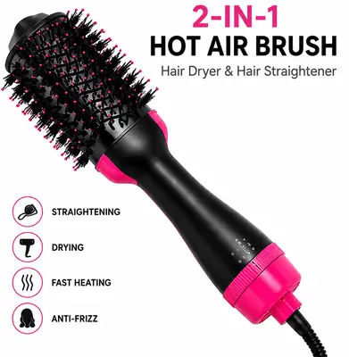 2-in-1 Hot Air Brush Hair Dryer & Straightening Brush | Electric Hair Styler | Pink & Black thumbnail 2