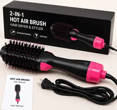 2-in-1 Hot Air Brush Hair Dryer & Straightening Brush | Electric Hair Styler | Pink & Black thumbnail 3