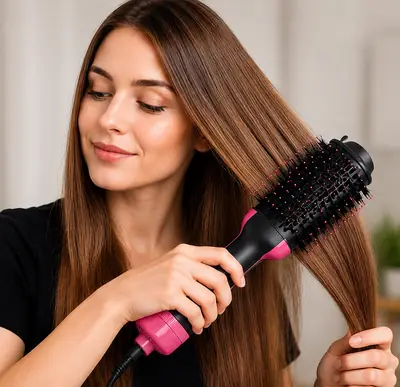 2-in-1 Hot Air Brush Hair Dryer & Straightening Brush | Electric Hair Styler | Pink & Black thumbnail 6