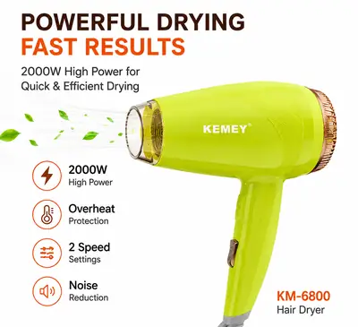 KEMEY KM-6821 Professional Hair Dryer 2000W | Hot & Cool Air | Foldable Handle | Overheat Protection thumbnail 4