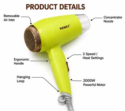 KEMEY KM-6821 Professional Hair Dryer 2000W | Hot & Cool Air | Foldable Handle | Overheat Protection thumbnail 6