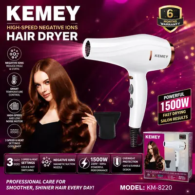 Professional 1500W Hair Dryer – Hot & Cold Air, Negative Ion Technology, 3 Speed Settings & Smart Temperature Control ?