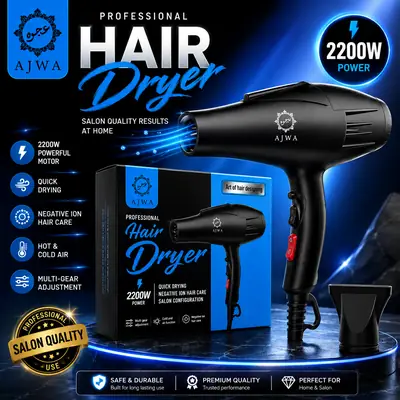 AJWA Professional Hair Dryer 2200W | Powerful Quick-Dry Hair Dryer with Negative Ion Care, Hot & Cold Air & Multi-Gear Settings