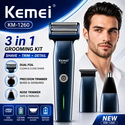Kemei KM-1260 3-in-1 Rechargeable Electric Shaver, Trimmer & Nose Hair Trimmer for Men