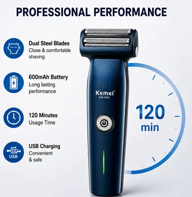 Kemei KM-1260 3-in-1 Rechargeable Electric Shaver, Trimmer & Nose Hair Trimmer for Men thumbnail 4
