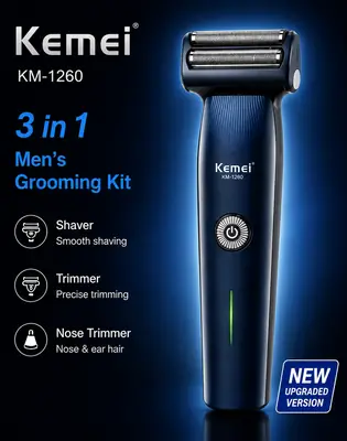 Kemei KM-1260 3-in-1 Rechargeable Electric Shaver, Trimmer & Nose Hair Trimmer for Men thumbnail 6