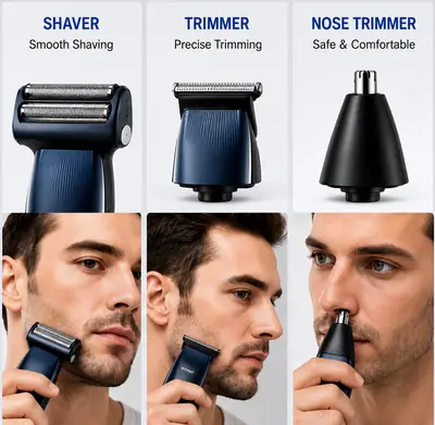Kemei KM-1260 3-in-1 Rechargeable Electric Shaver, Trimmer & Nose Hair Trimmer for Men thumbnail 7