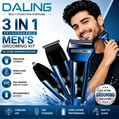 DALING DL-9238 3-in-1 Rechargeable Men's Grooming Kit | Hair Trimmer, Foil Shaver & Nose Trimmer | USB Charging | Professional Grooming Set