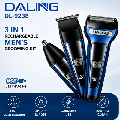 DALING DL-9238 3-in-1 Rechargeable Men's Grooming Kit | Hair Trimmer, Foil Shaver & Nose Trimmer | USB Charging | Professional Grooming Set thumbnail 2