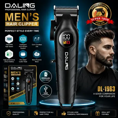 DALING DL-1963 Professional Men's Hair Clipper | Cord/Cordless Rechargeable Hair Trimmer | LCD Display | 7000 RPM | Lithium Battery