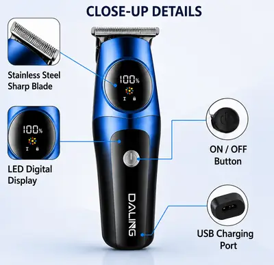 DALING DL-1698 Professional Hair Clipper – USB Rechargeable Hair & Beard Trimmer with LED Display | 1200mAh Battery thumbnail 6