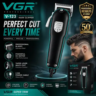VGR V-123 Professional Hair Clipper for Men – Powerful DC Motor, Stainless Steel Blades, Taper Lever & 2M Power Cable