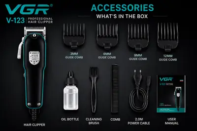 VGR V-123 Professional Hair Clipper for Men – Powerful DC Motor, Stainless Steel Blades, Taper Lever & 2M Power Cable thumbnail 8