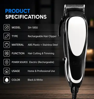 Professional SH-1850 Rechargeable Hair Clipper – Clean & Hygienic Hair Cutting Trimmer thumbnail 4