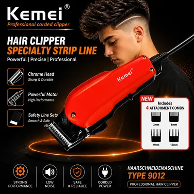Kemei Professional Hair Clipper Type 9012 – Corded Electric Hair Trimmer with 4 Attachment Combs
