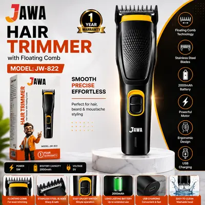 JAWA JW-822 Professional Hair Trimmer with Floating Comb, Stainless Steel Blades, Powerful Motor & Rechargeable Battery
