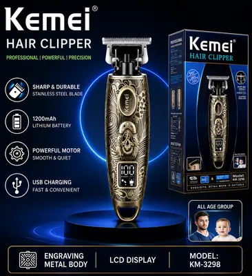 Kemei KM-3298 Professional Hair Clipper – 1200mAh Rechargeable Trimmer with LCD Display, Stainless Steel Blade & Engraved Metal Body thumbnail 7
