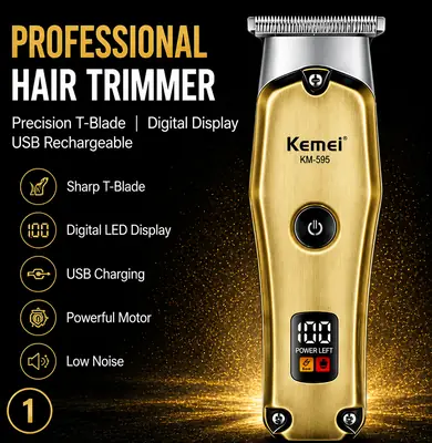 KEMEI KM- 595Professional Hair & Beard Trimmer – USB Rechargeable Cordless Grooming Machine with Digital Display thumbnail 2