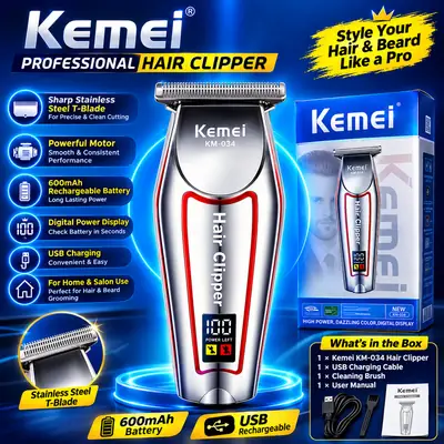 Kemei KM-034 Professional Hair Clipper – Cordless Rechargeable Hair & Beard Trimmer with Digital Display, Stainless Steel T-Blade & Powerful Motor