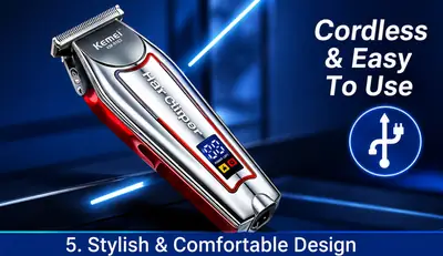 Kemei KM-034 Professional Hair Clipper – Cordless Rechargeable Hair & Beard Trimmer with Digital Display, Stainless Steel T-Blade & Powerful Motor thumbnail 6
