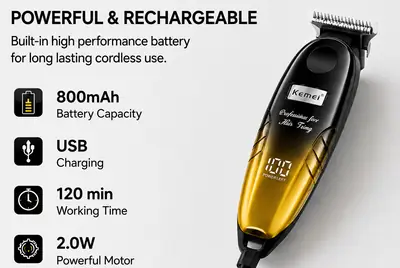 Kemei KM-1742 Professional Hair Trimmer – Rechargeable Cordless Beard & Hair Clipper with LED Power Display thumbnail 5