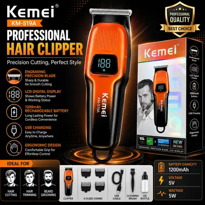 Kemei KM-519A Professional Hair Clipper – LCD Digital Display, 1200mAh Rechargeable Battery, USB Charging & Precision Blade