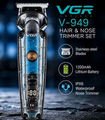 VGR V-949 Professional Hair & Nose Trimmer Set – 1200mAh Lithium Battery, Stainless Steel Blades, IPX6 Waterproof thumbnail 2