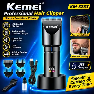 Kemei KM-3233 Professional Hair Clipper for Men – Rechargeable Cordless Hair & Beard Trimmer with LCD Digital Display, Adjustable Cutting Length, 4 Guide Combs & USB Charging