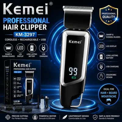 Kemei KM-3297 Professional Hair Clipper – Cordless Rechargeable Trimmer with LED Digital Battery Display, USB Charging & Sharp Stainless Steel Blades