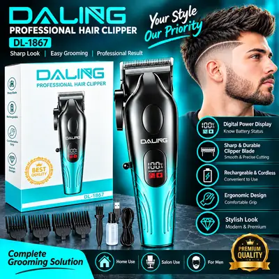 Daling Professional Hair Clipper DL-1867 | Rechargeable Cordless Hair Trimmer for Men | Professional Salon & Home Use | Digital Power Display | Stylish Turquoise & Black Design