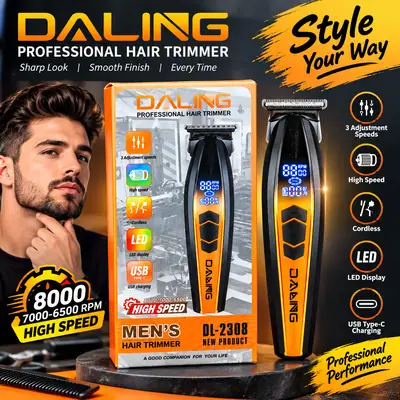 Professional DL-2308 Men’s Hair Trimmer – 8000 RPM High Speed Cordless & Corded Rechargeable Beard and Hair Clipper with LED Display, USB Type-C Charging
